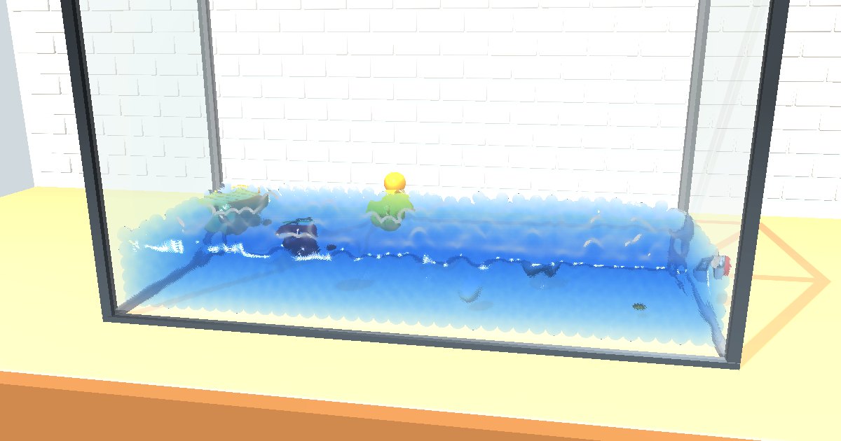 3D glass tank of blue water on a kitchen counter with a floating pine block, rubber duck and apple and a sunken stone and coin