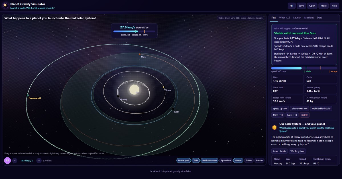 Planet gravity simulator with a launched planet's predicted orbit, the habitable zone and the planets around the Sun